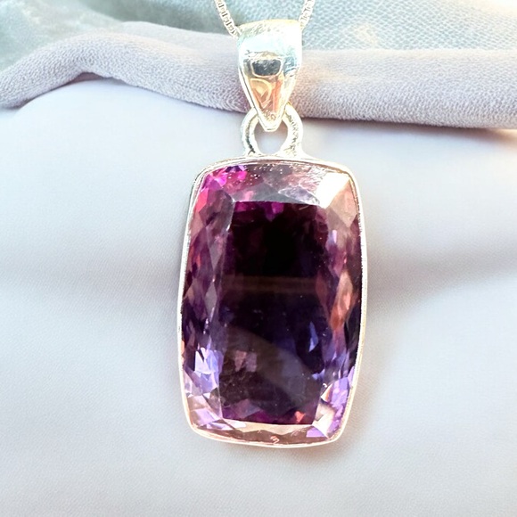Large Emerald Cut Amethyst Sterling Silver Necklace - Picture 3 of 11